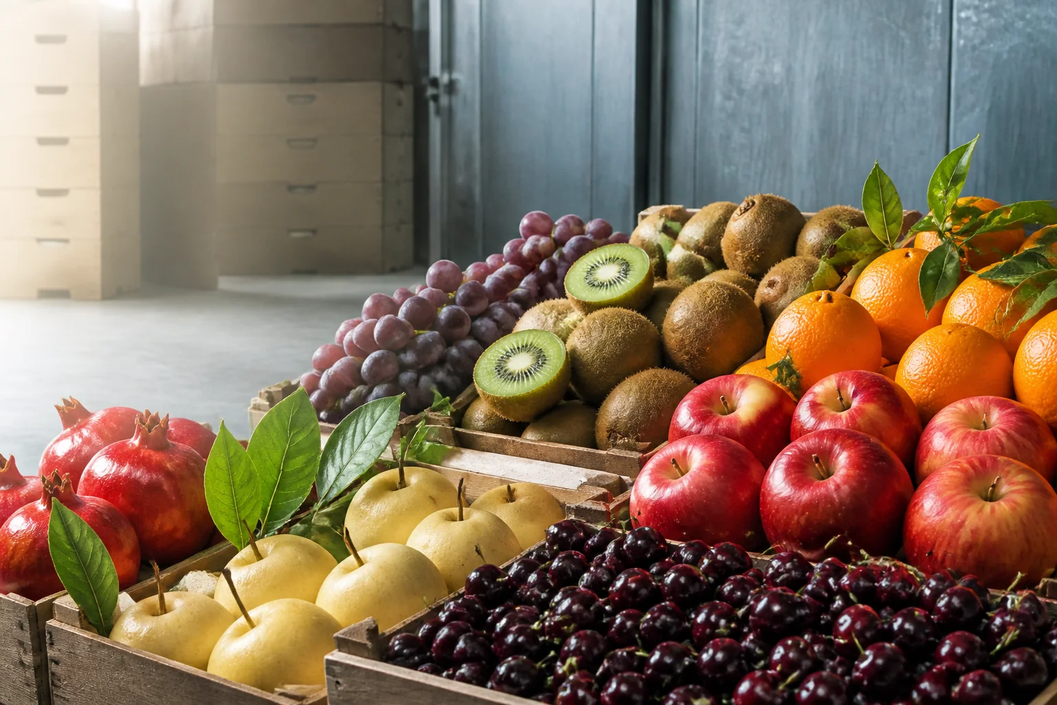 Cherry, kiwi, cam, táo, lê, nho và lựu tươi được sắp trong các thùng gỗ tại kho lạnh